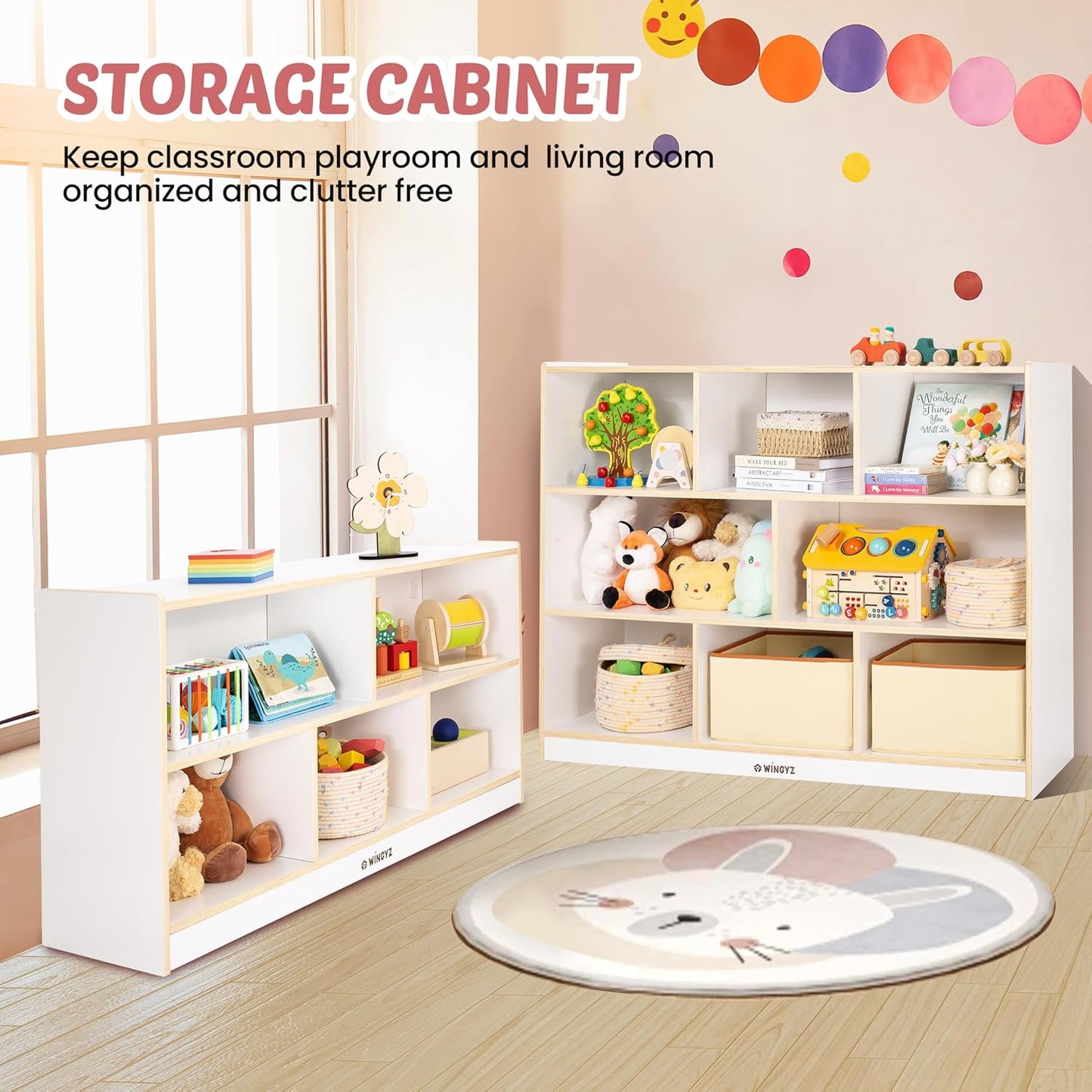 Toy Storage Organizer for Kids, 5-Compartment Wooden Storage Cabinet, Children Bookcase and Montessori Bookshelf, Book Shelf for Kids Room, Playroom, Living Room, Nursery, Classroom 24'' H(White)