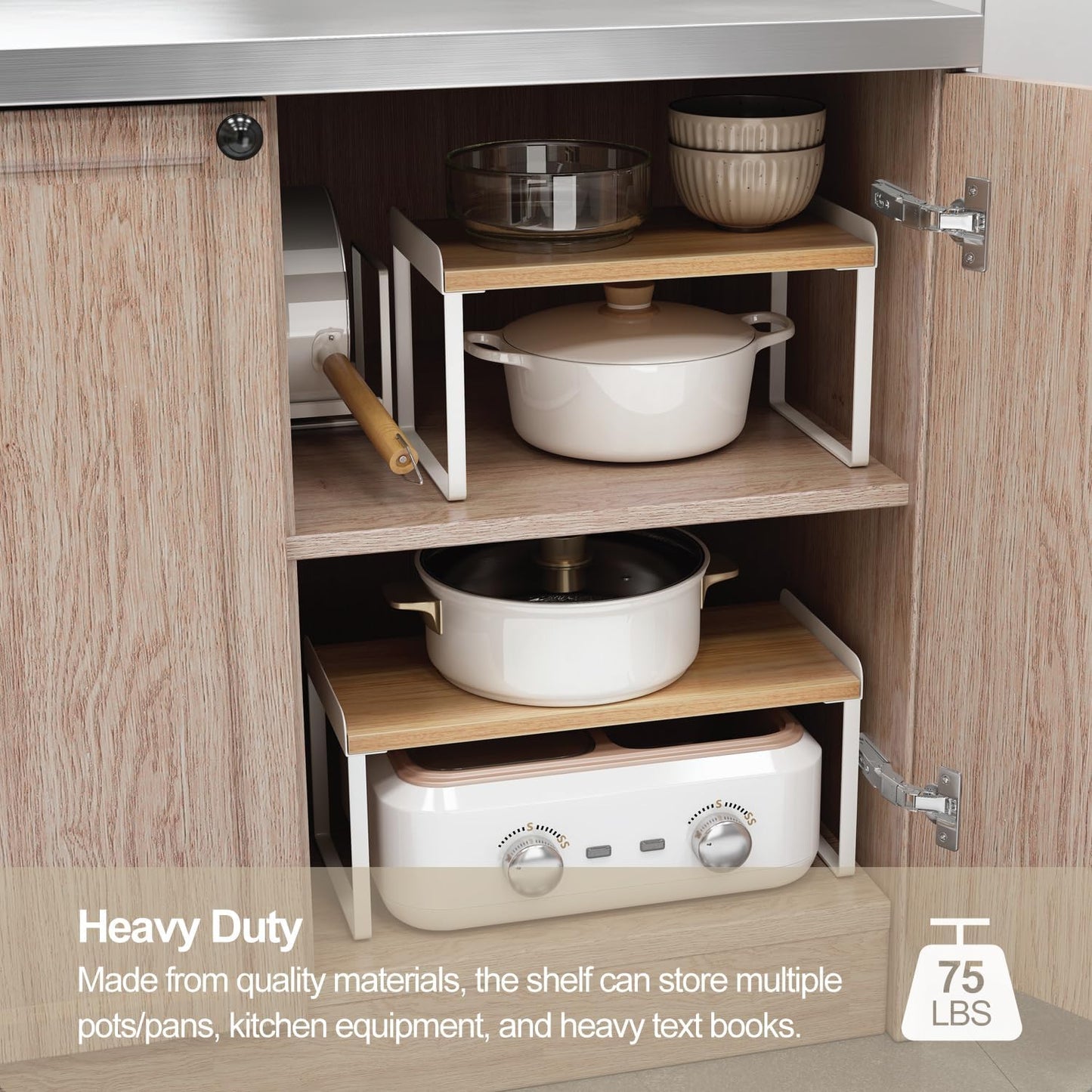 Mitus Shelf Organizer and Storage, Tiered Wood Cabinet Rack for The Kitchen Counter, Bathroom Counter, Pantry Cupboard, Office Desk Bookshelf, 16" Wide Natural and White