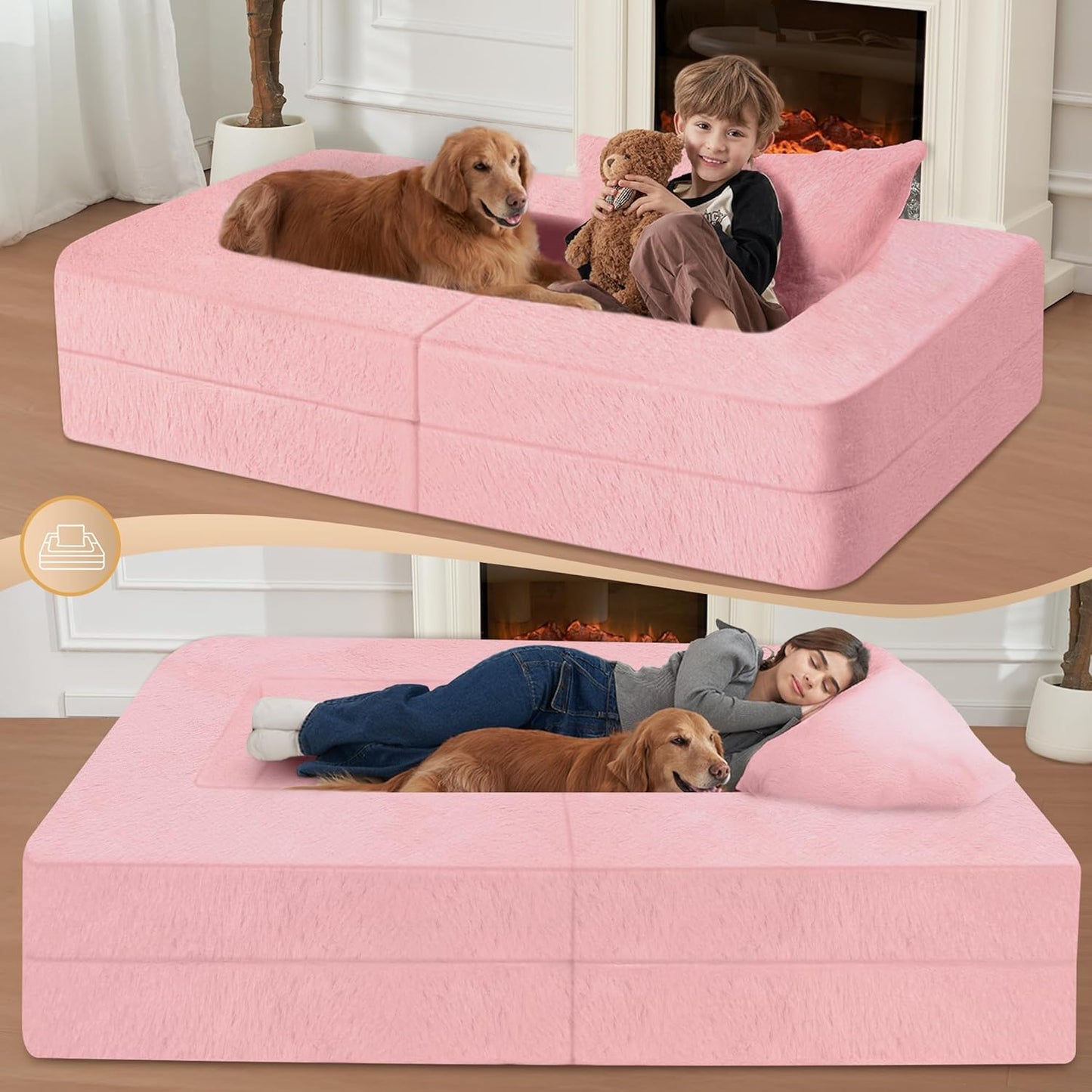 Folding Bean Bag Chair for Adults,3-in-1 Bean Bag Couch Faux Fur Floor Sofa Large Beanbag Convertible Bean Bag Sofa Bed with Pillow in Bedroom,Living Room,Apartment(Twin,Pink)