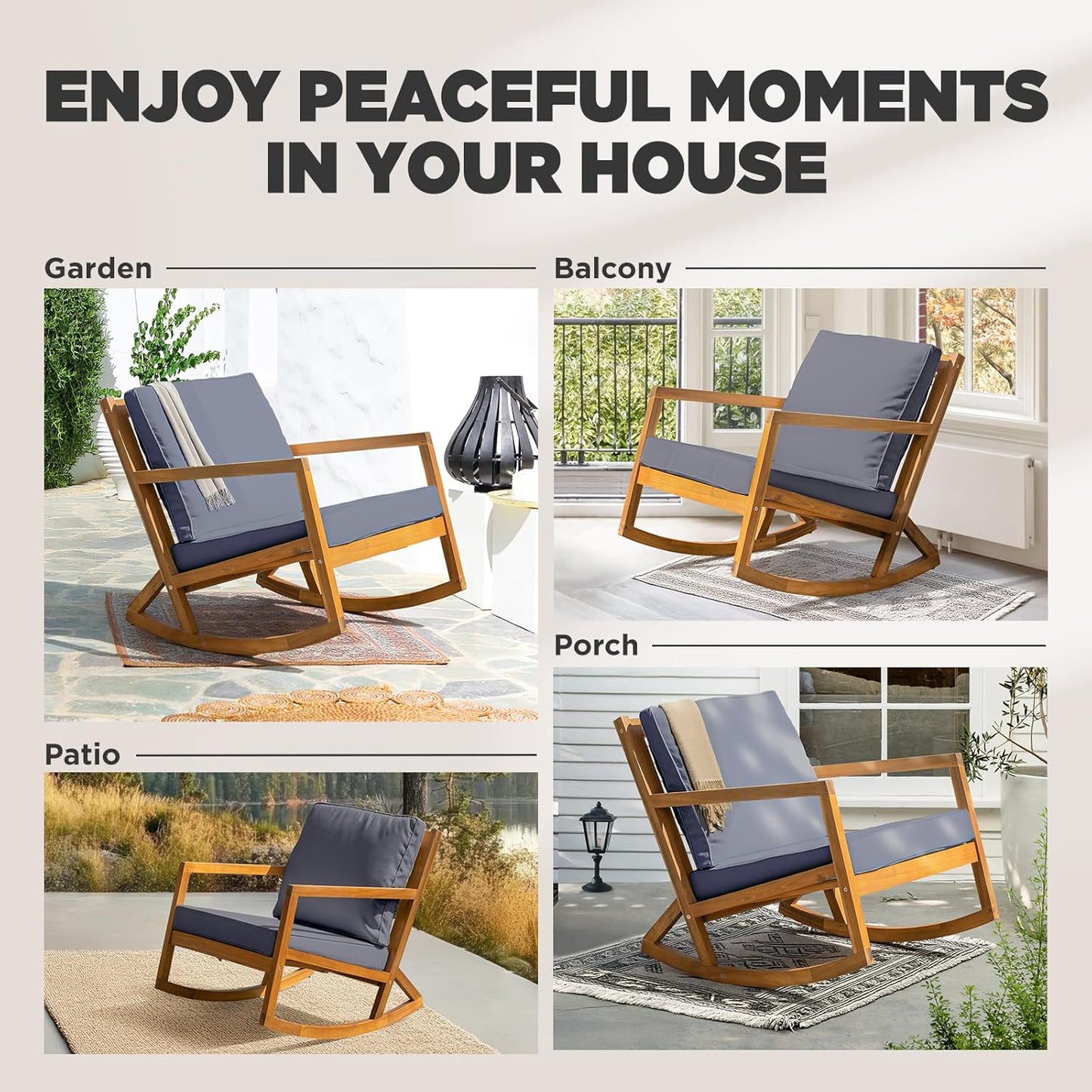 IDZO Premium Club Rocking Chair 500lbs Capacity with Inclined Backrest, Thick Foam Cushion, Solid Acacia Wood Rocker for Patio, Backyard, Balcony, Porch