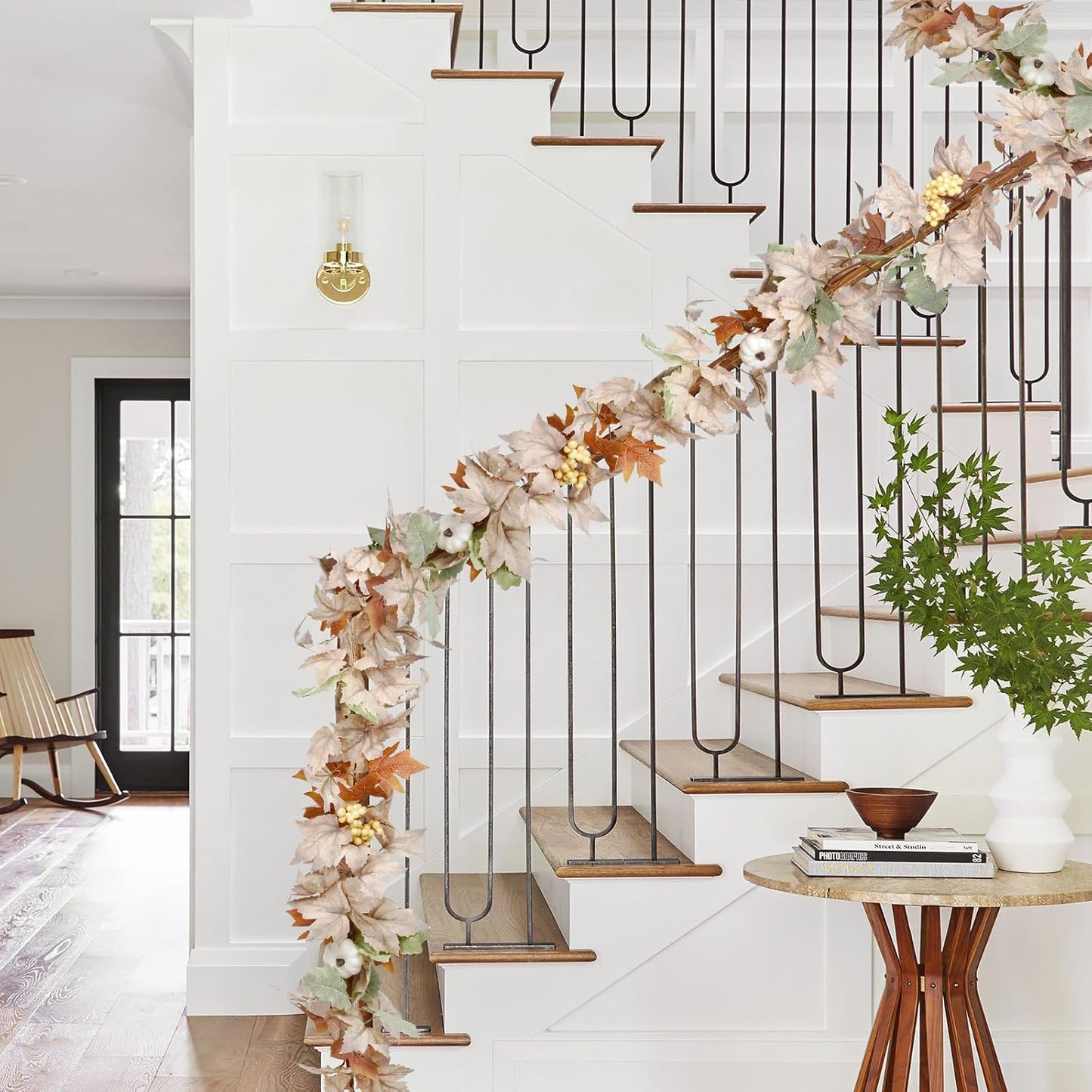 Fall Maple Leaf Garland, Hanging Vine Artificial Autumn Foliage Decoration for Thanksgiving, Home, Wedding, Fireplace, Party, Christmas (White)