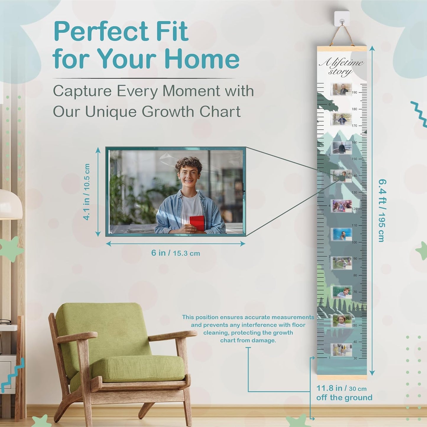 A Lifetime Story Growth Chart for Wall - Personalized for Photos, Photo Stickers, and Memory Album Feature - Height Chart for Kids - Child Height Wall Chart - Height Measurement for Wall