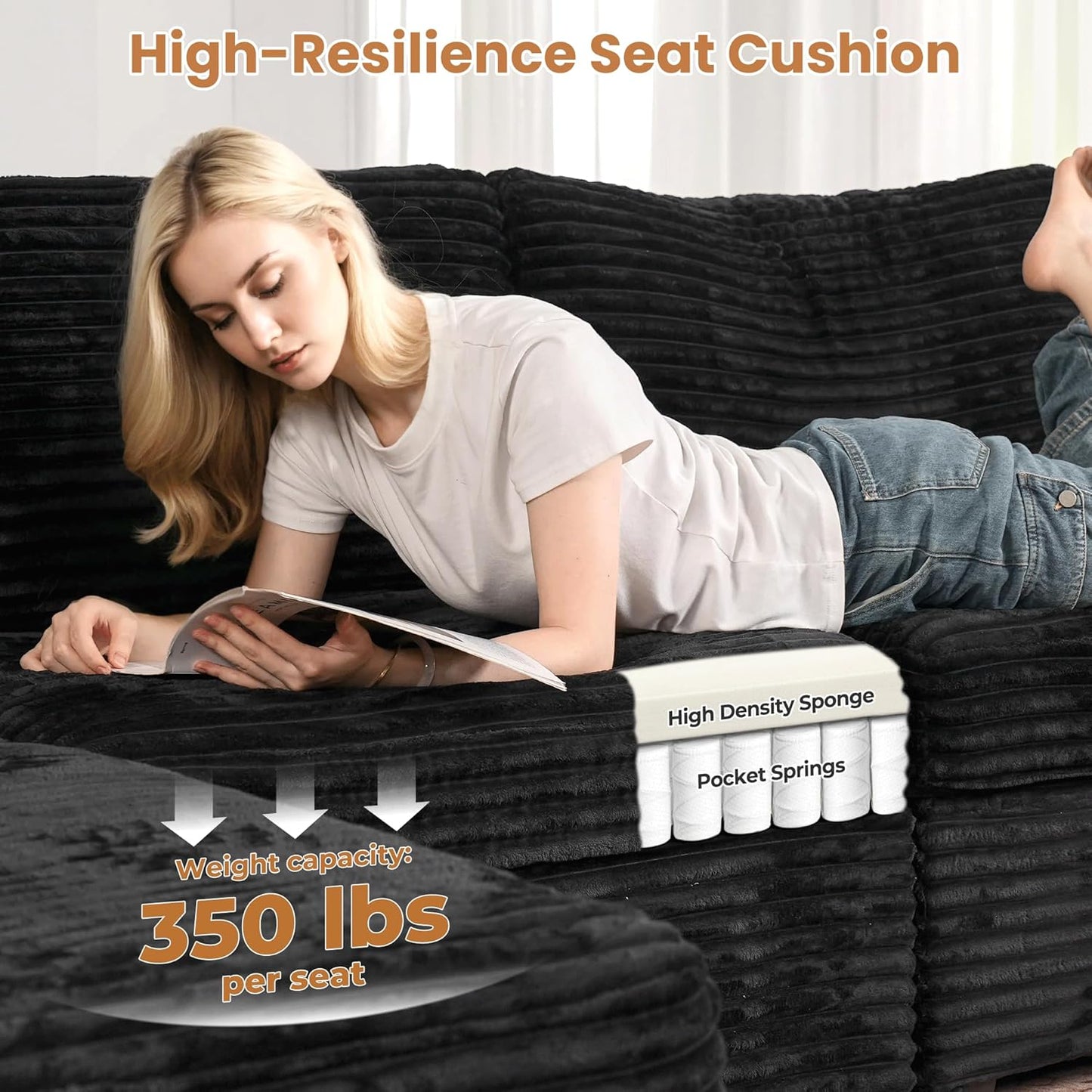 ovios Sectional Sofa Couch with U-Shape Chaise Ottomans, Comfy Modular Cloud Couches with Deep Seat, Modern Upholstered Plush Corduroy Sofas Set for Living Room, 6-Seater, Black