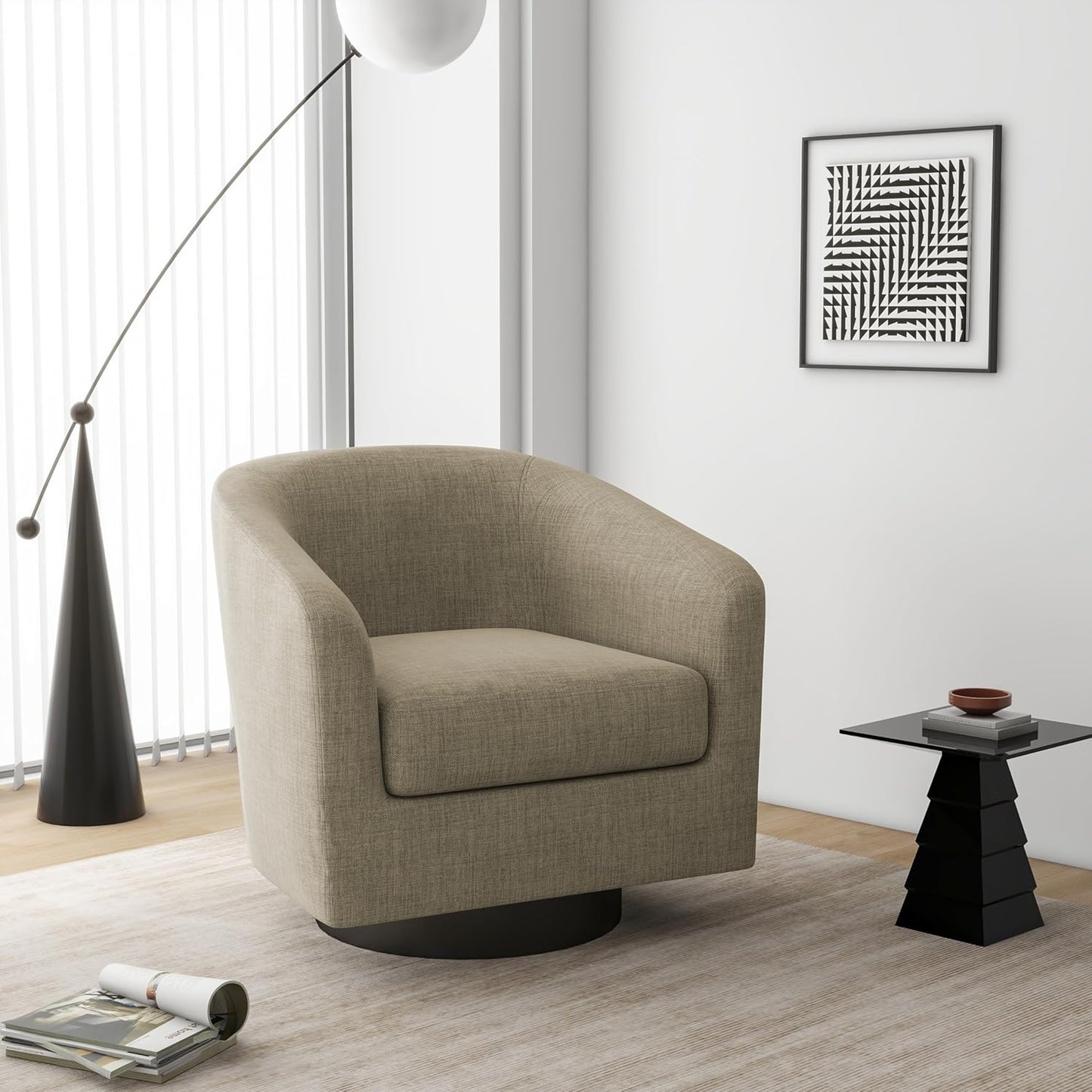 Swivel Barrel Accent Chair, Modern Round Linen Arm Chair for Living Room, Bedroom, Comfy Club Reading Chairs for Adults, Linen Fabric, Light Brown, Set of 2