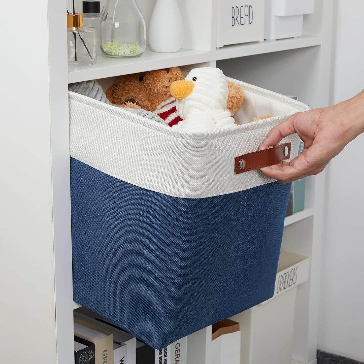 DULLEMELO Storage Baskets for Shelves Closet Storage,Large Home Organization Bins for Gifts Empty,Foldable Fabric Storage Cubes Baskets for Nursery Toy Towels Clothes Storage(White&Blue)