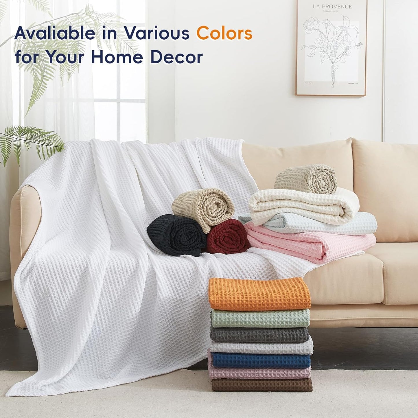 PHF Ultra Soft Waffle Weave Throw Blanket 50"x 60"- Washed Lightweight Breathable Cozy Woven Blanket for Bed - Aesthetic Decor for Couch Bedding Sofa Home Car - Khaki