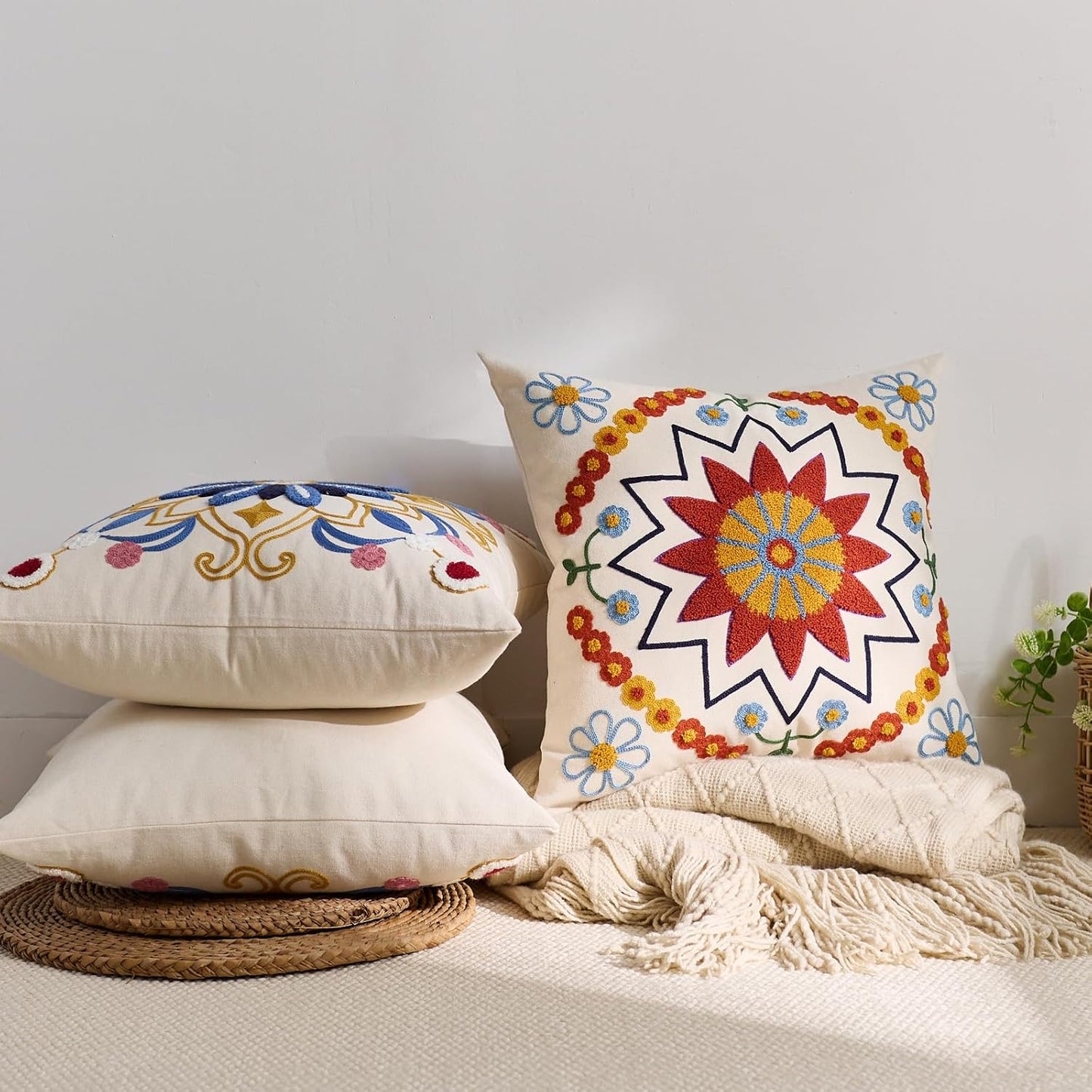 Embroidered Throw Pillow Cover 20x20 Classic Fall Boho Floral Pattern Pillows Cover Outdoor Decorative Pillowcase,Durable Cozy Textured Cushion Case for Sofa Couch Bed Living Room,Orange