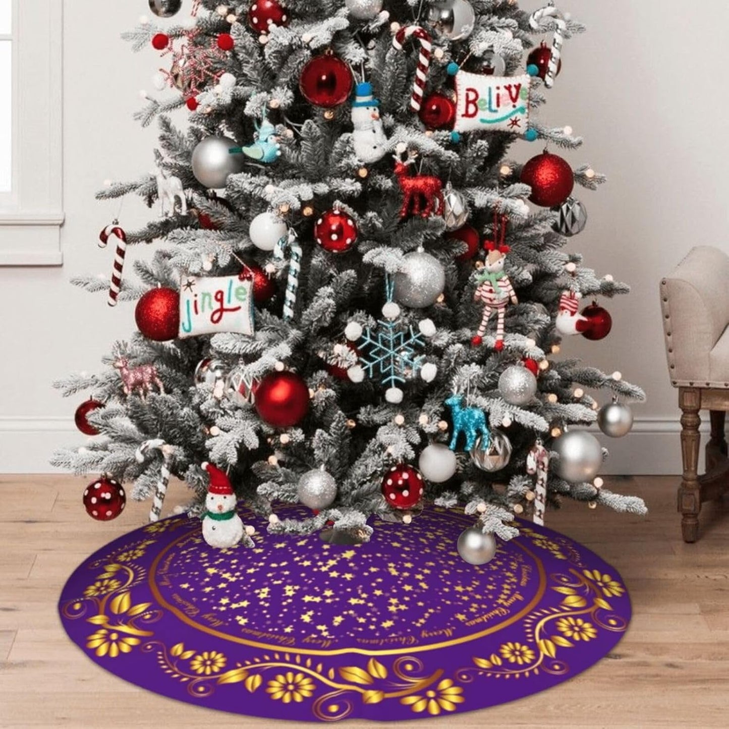 48" Large Christmas Tree Skirt, Elegant Modern Purple Gold Pattern Tree Mat Base Cover for Xmas Festive Holiday Party Decoration Ornaments