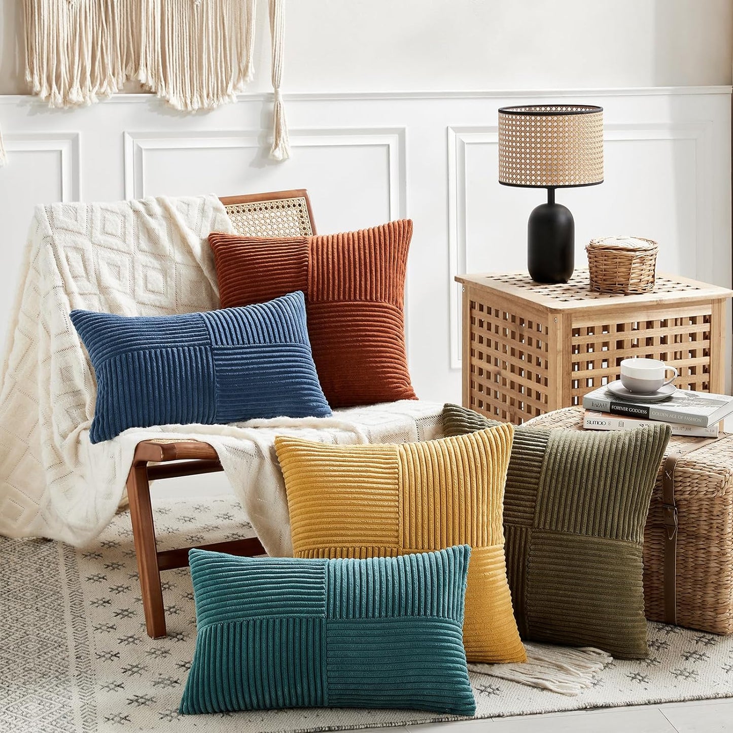 Fancy Homi 2 Packs Olive Green Decorative Throw Pillow Covers 22x22 Inch for Living Room Couch Bed Sofa, Rustic Farmhouse Boho Home Decor, Soft Corss Corduroy Patchwork Accent Cushion Case 55x55 cm