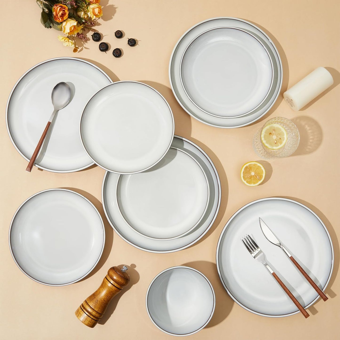 16 Piece Double Bowl Dinnerware Sets with Pasta Bowls, Highly Chip and Crack Resistant Plates and Bowls Sets, Natural Earthyware Ceramic Dishware Sets, Service for 4 Moonstone White
