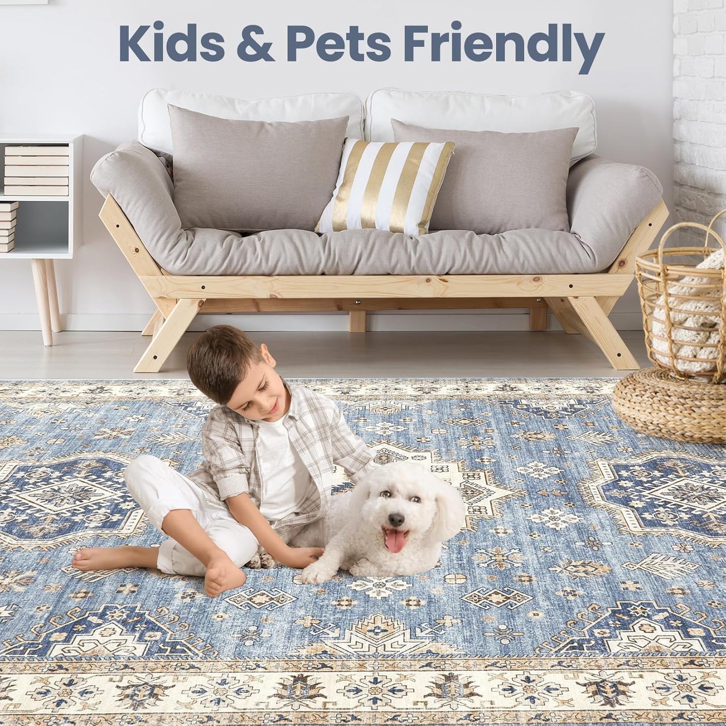Washable Area Rugs for Living Room -8x10 Neutral Vintage Distressed Floral Farmhouse Boho Large Soft Floor Rug Indoor Non Slip Carpet for Living Room Bedroom Dining Room Office - Blue