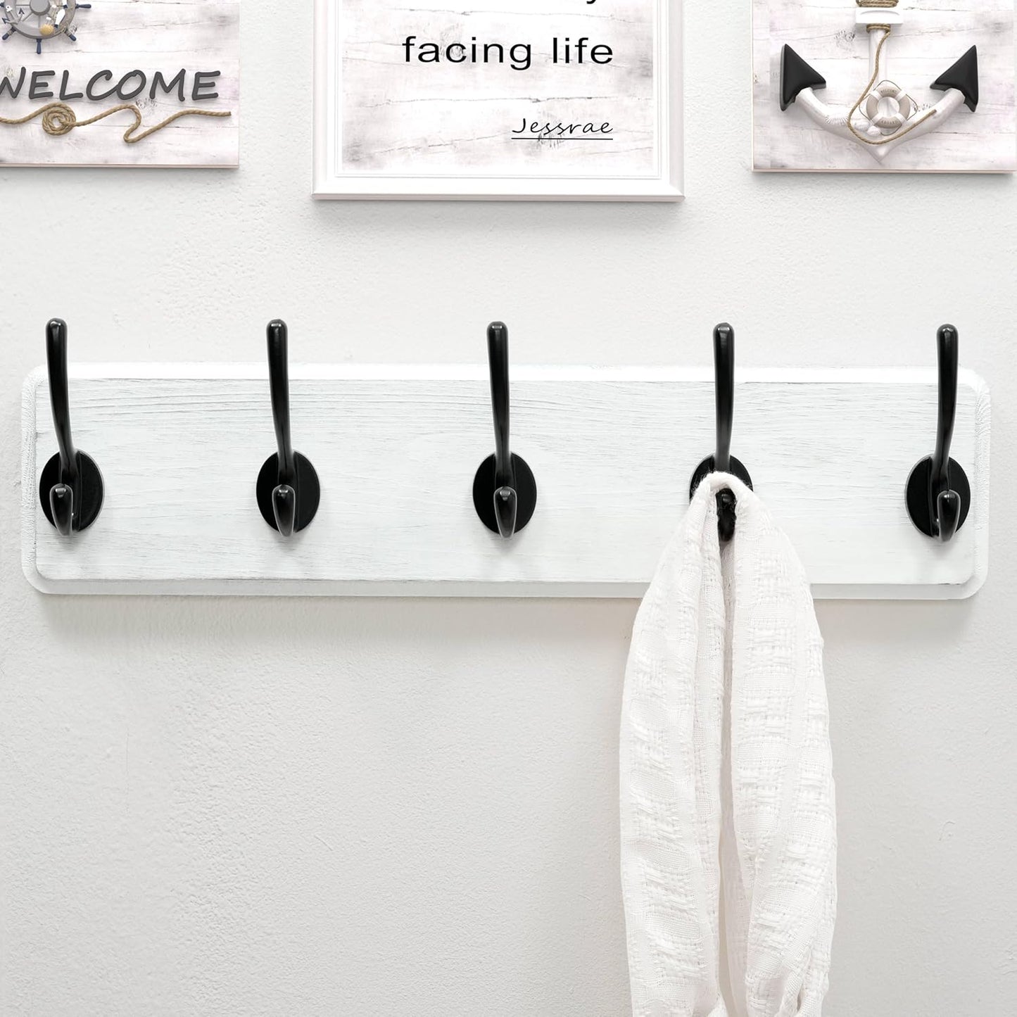 Dseap Coat Rack Wall: Patented, Heavy-duty, 17.4" Long 5-double-hooks Wooden Wall Mounted Coat Rack Coat Hanger Hook Rail for Winter Coats Hat Jacket Clothing, White & Black