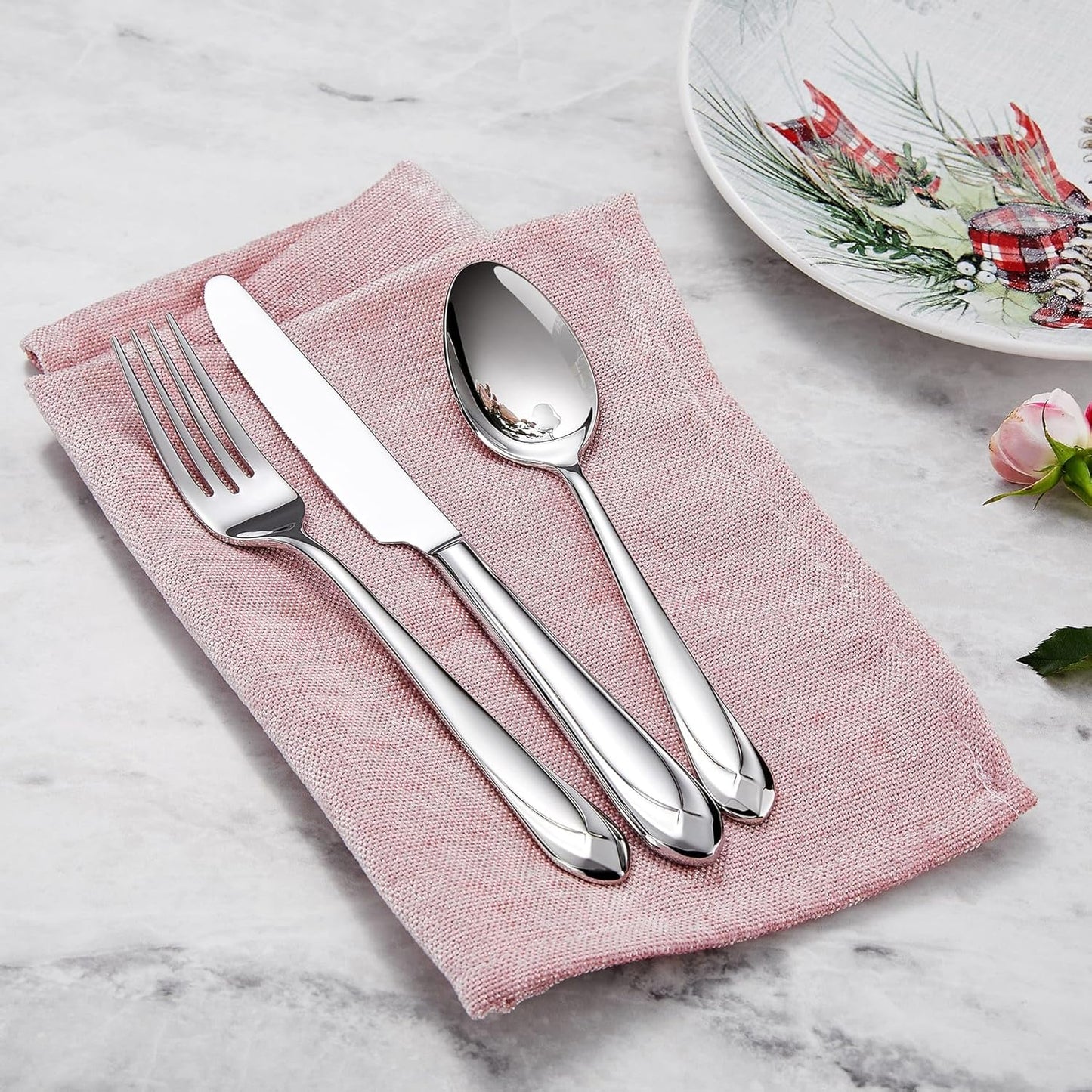 KEAWELL Premium Astra Flatware Set, 45-Piece Silverware Set for 8, Mirror-Finished 18/10 Stainless Steel, Modern Cutlery Dishwasher Safe for Meals and Gatherings (45, Silver)