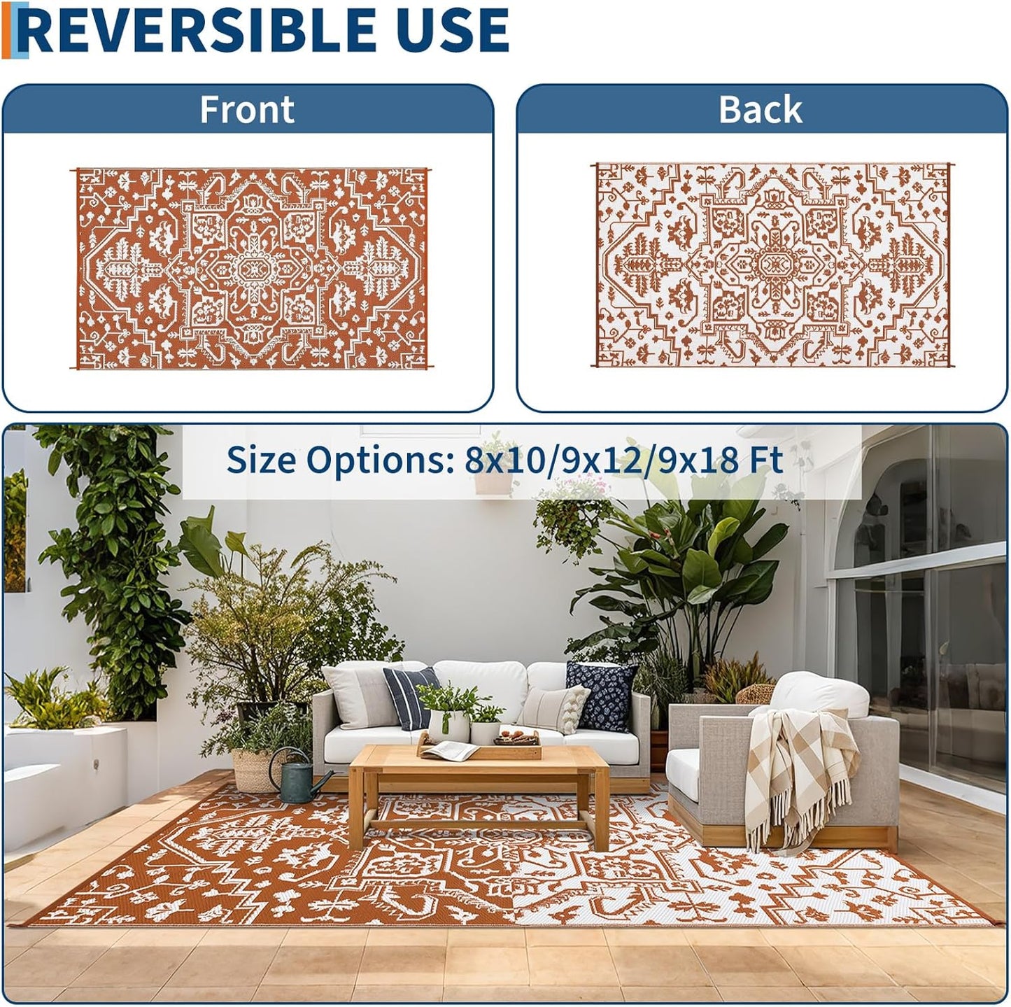Outdoor Rug 8x10 Waterproof Reversible Plastic Straw Mat, UV-Resistant Vintage Medallion Camping Carpet for Patio, Deck, Balcony, Picnic, Large Outside Floor Mat, Vintage Terracotta Brick/White