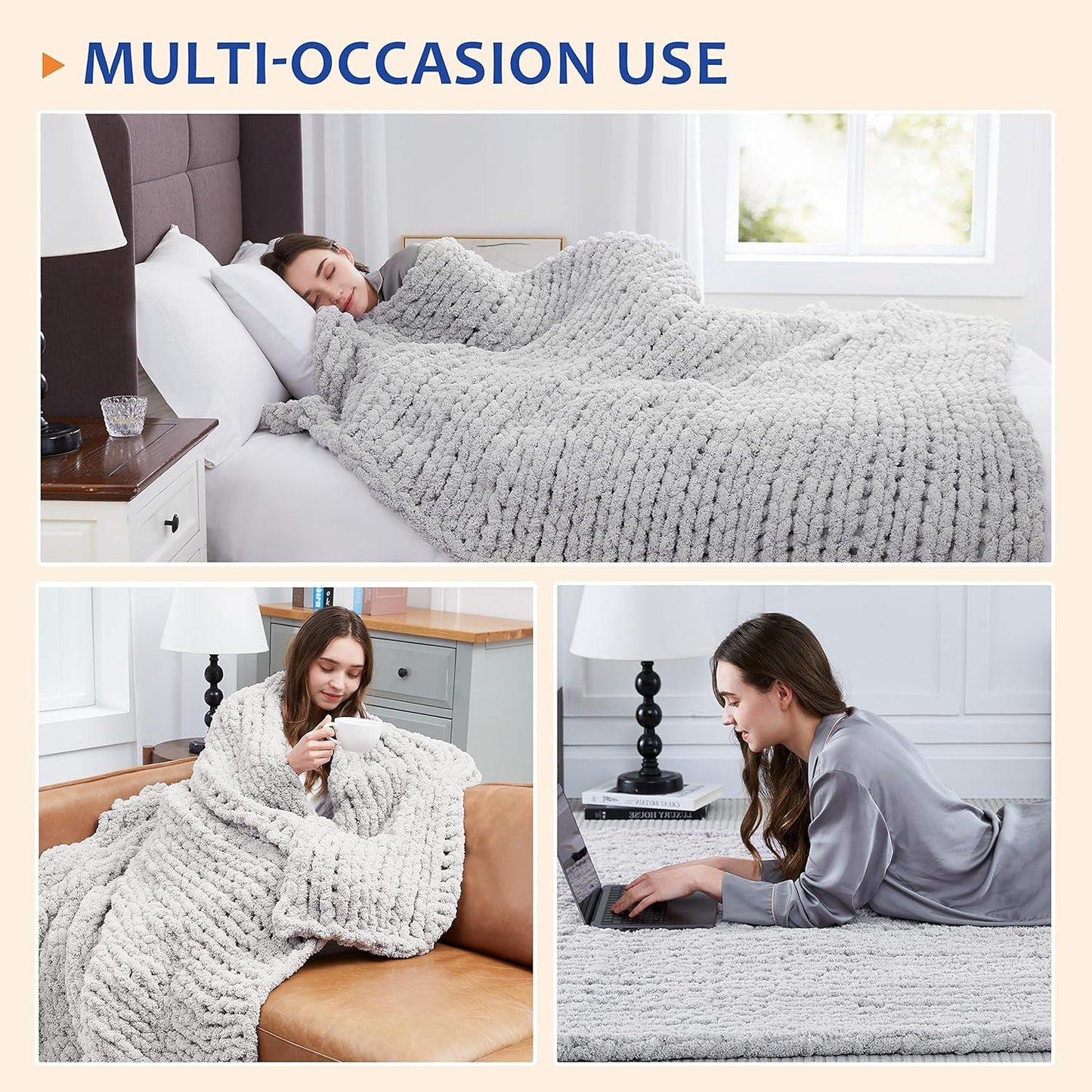 L'AGRATY Chunky Knit Blanket Throw: 30''x40'' Chenille Knitted Throw Blankets for Bed Couch - Handmade Thick Big Cable Knot Blanket - Large Chunky Crochet Rope Blankets for Home Decor(Grey)