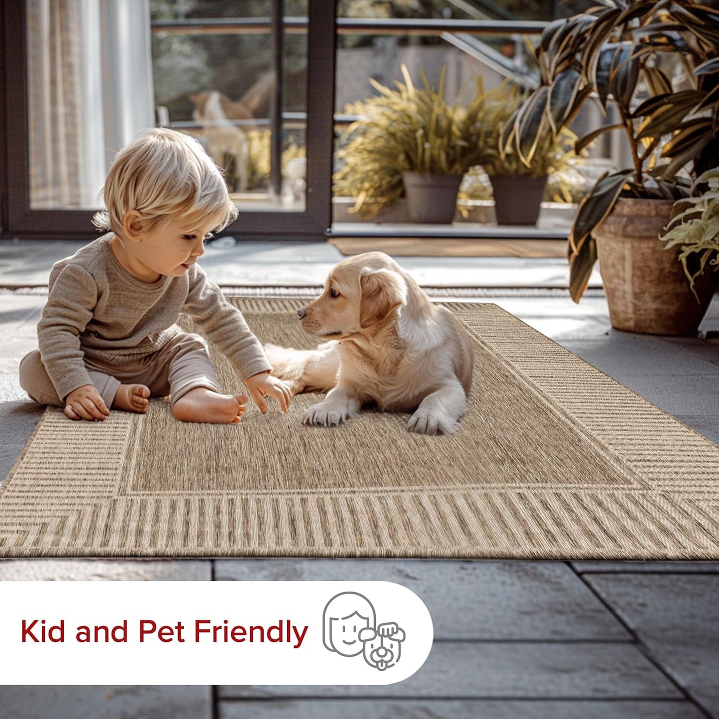 nuLOOM 2' x 3' Outdoor Area Rug, Casual Design With Striped Border, Stain Resistant, Highly Durable, For Patio, Balcony, Bedroom, Living Room, Dining Room, Bathroom, Light Brown