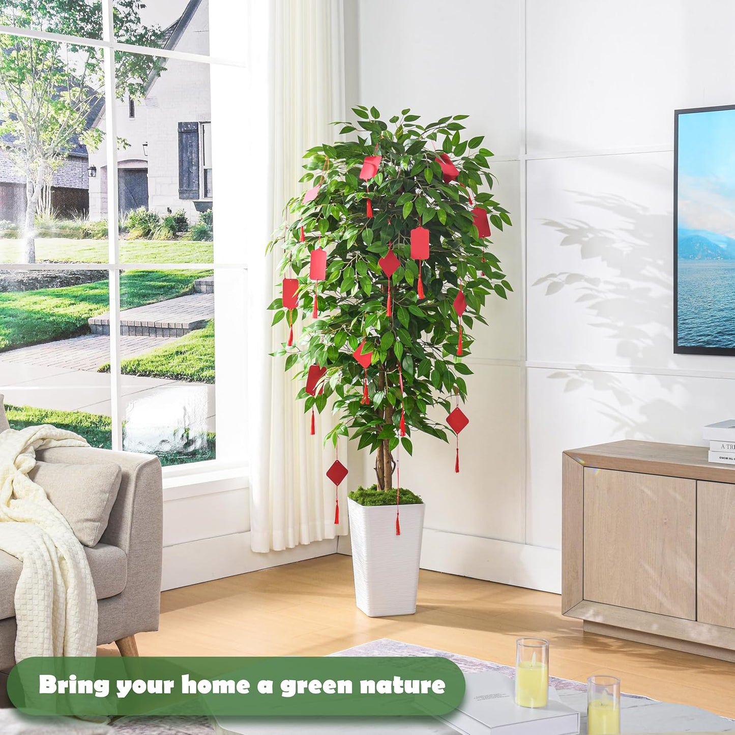 Artificial Ficus Tree 6FT Faux Floor Tree with Planter UV Resistant Potted Fake Silk Plant, Real Wood Trunk-Indoor Outdoor Lifelike Fake Ficus Tree for Home, Living Room Bedroom Topiary Tree