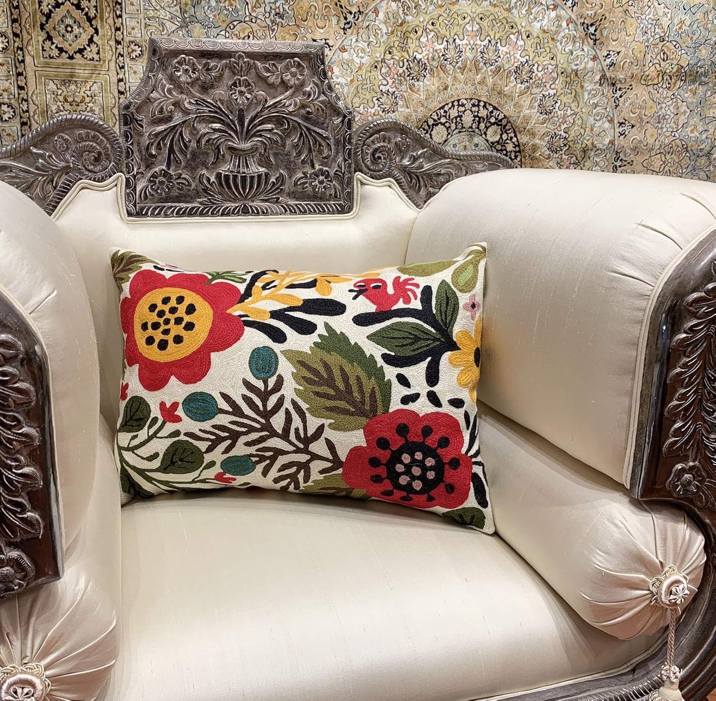 Lumbar Cream Suzani Cushions - Boho Floral Throw Pillows | Outdoor Pillows & Chair Cushions - Hand Embroidered Wool Size - 14x20