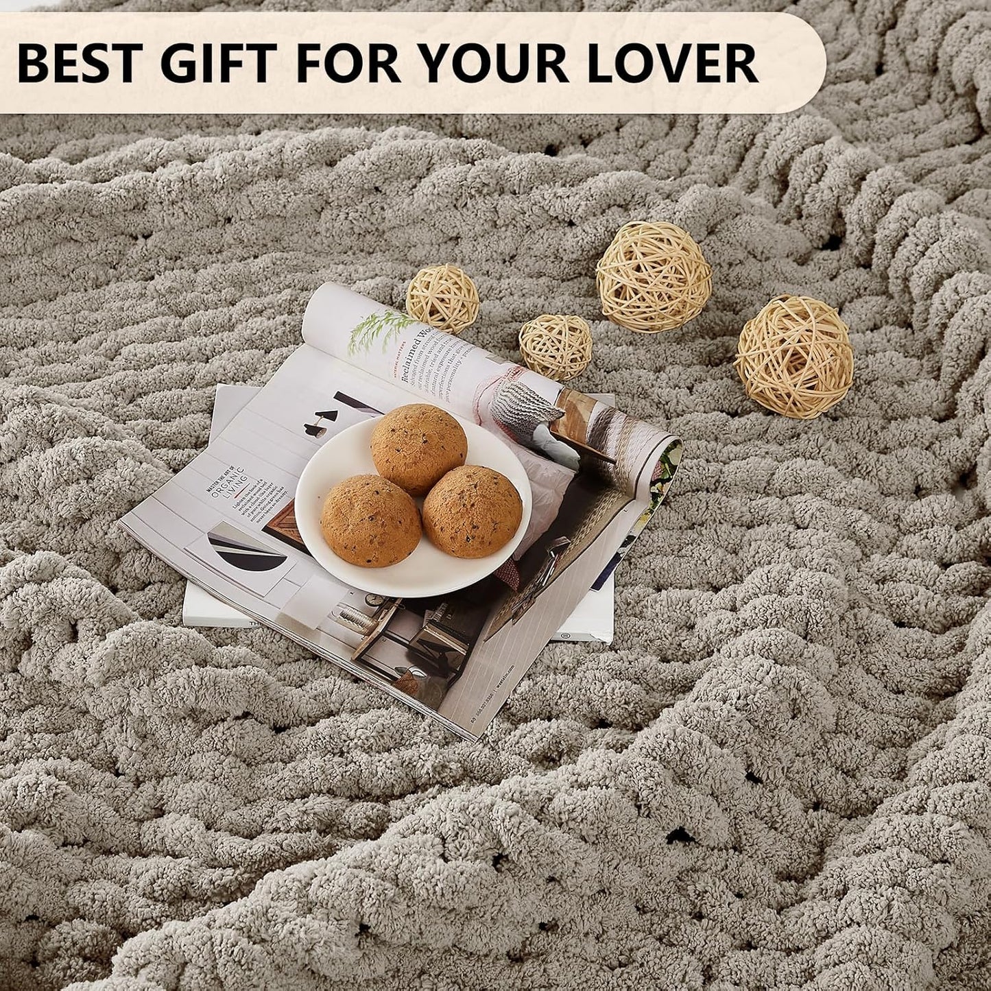 L'AGRATY Chunky Knit Blanket Throw: 50''x60'' Chenille Chunky Knitted Throw Blanket for Bed Couch - Handmade Thick Big Cable Knit Blanket - Large Crochet Rope Blanket for Home Decor(Light Linen)