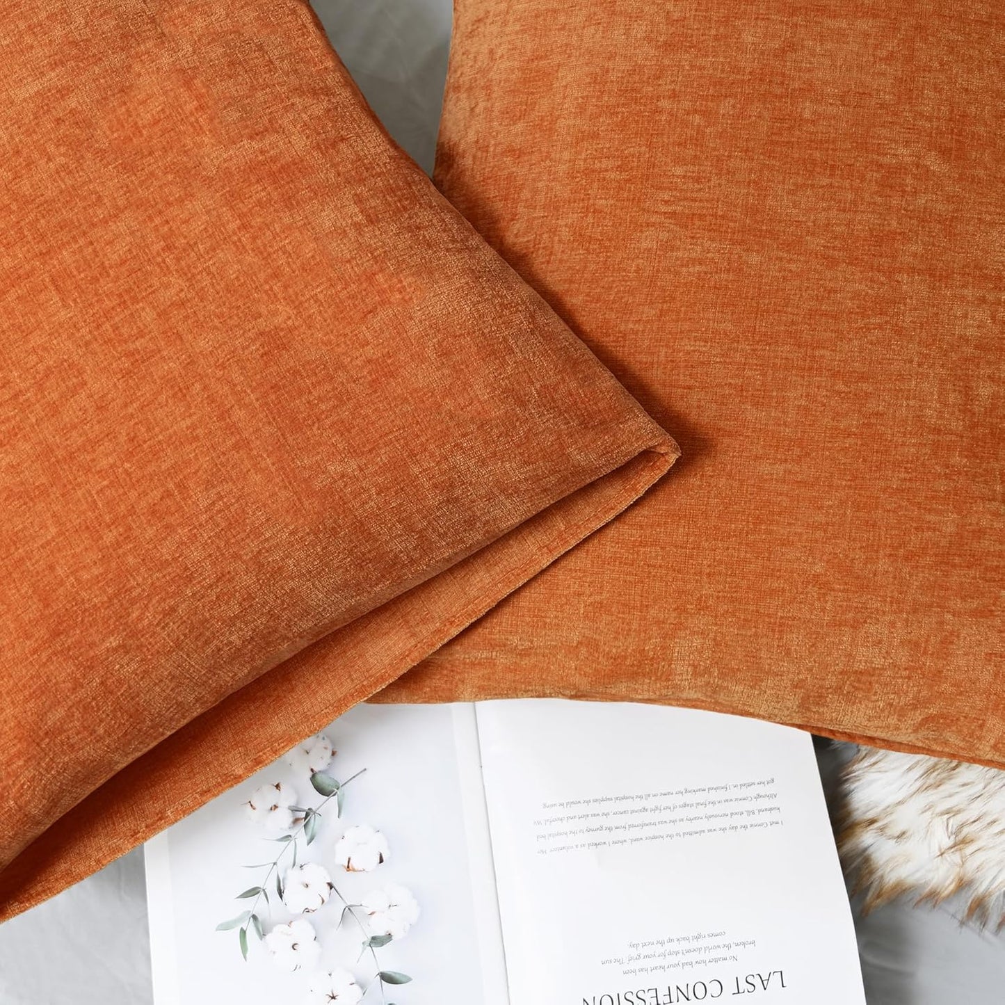 CaliTime Fall Throw Pillow Covers Decorative 20 X 26 Inches Pack of 2 Cozy Chenille Standard Pillow Shams Cases for Couch Sofa Bed Living Room Home Burnt Orange