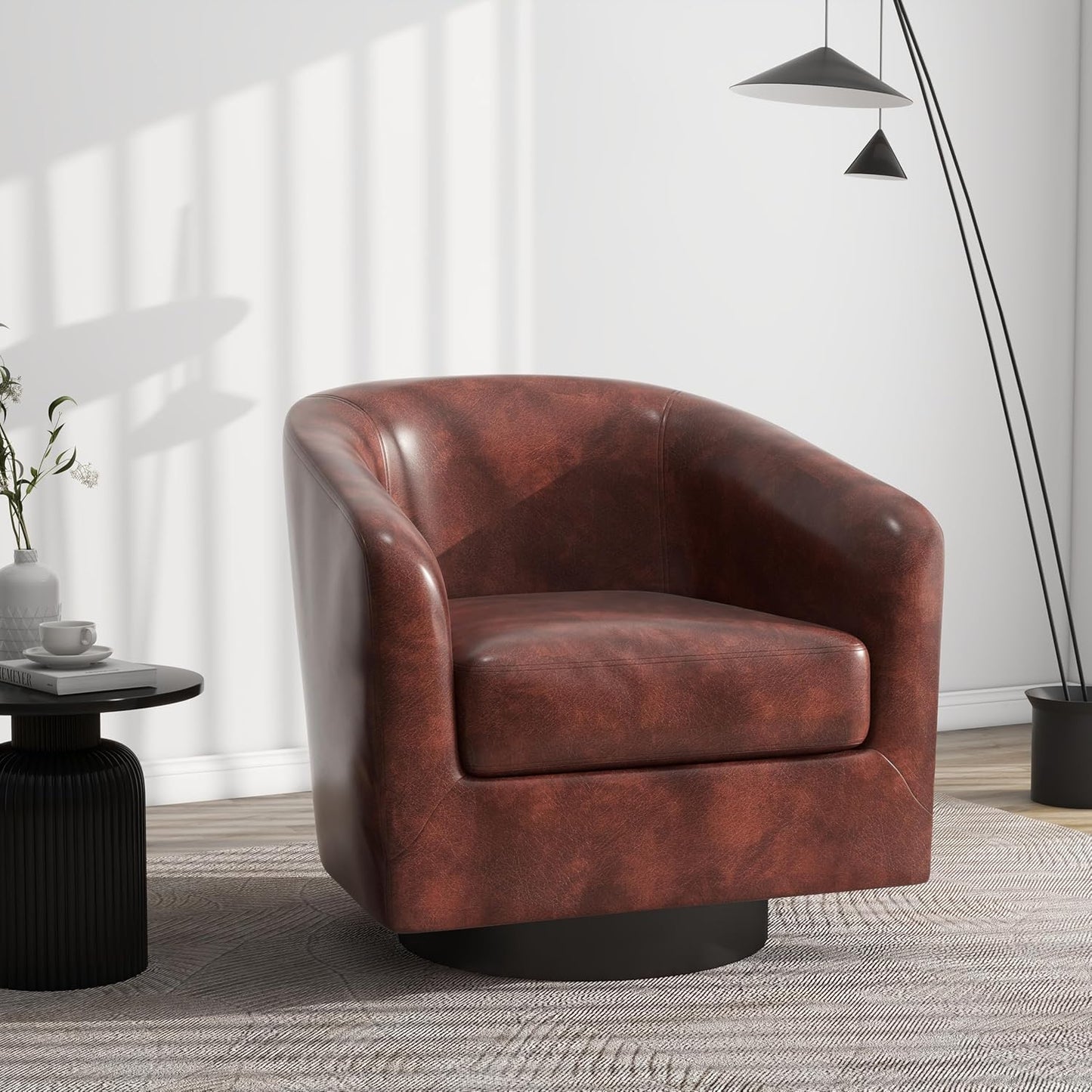 Swivel Barrel Accent Chair, Modern Round Faux Leather Arm Chair for Living Room, Bedroom, Comfy Club Reading Chairs for Adults(Faux Leather, Red Brown, Set of 4)