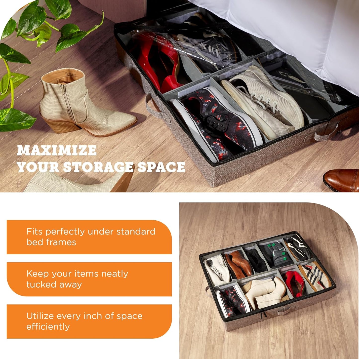 storageLAB Slim Under Bed Storage Containers, Closet Organizers with Sturdy Handles for Clothes, Comforters, and Accessories, Use Under or at the End of the Bed - 2 Pack, Dark Grey