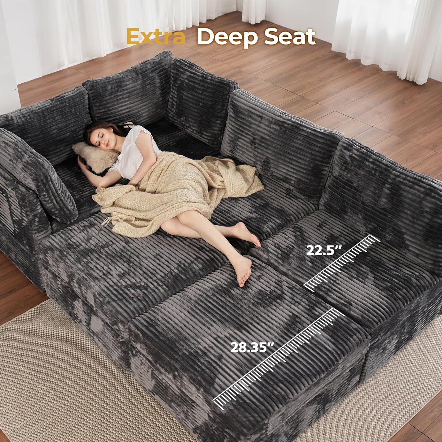 HOOOWOOO Modular Sectional Sofa,5 Pieces Sectional Couches for Living Room,98X55 L Shaped Cloud Couch with Ottoman Chaise Set(Grey Velvet Corduroy)