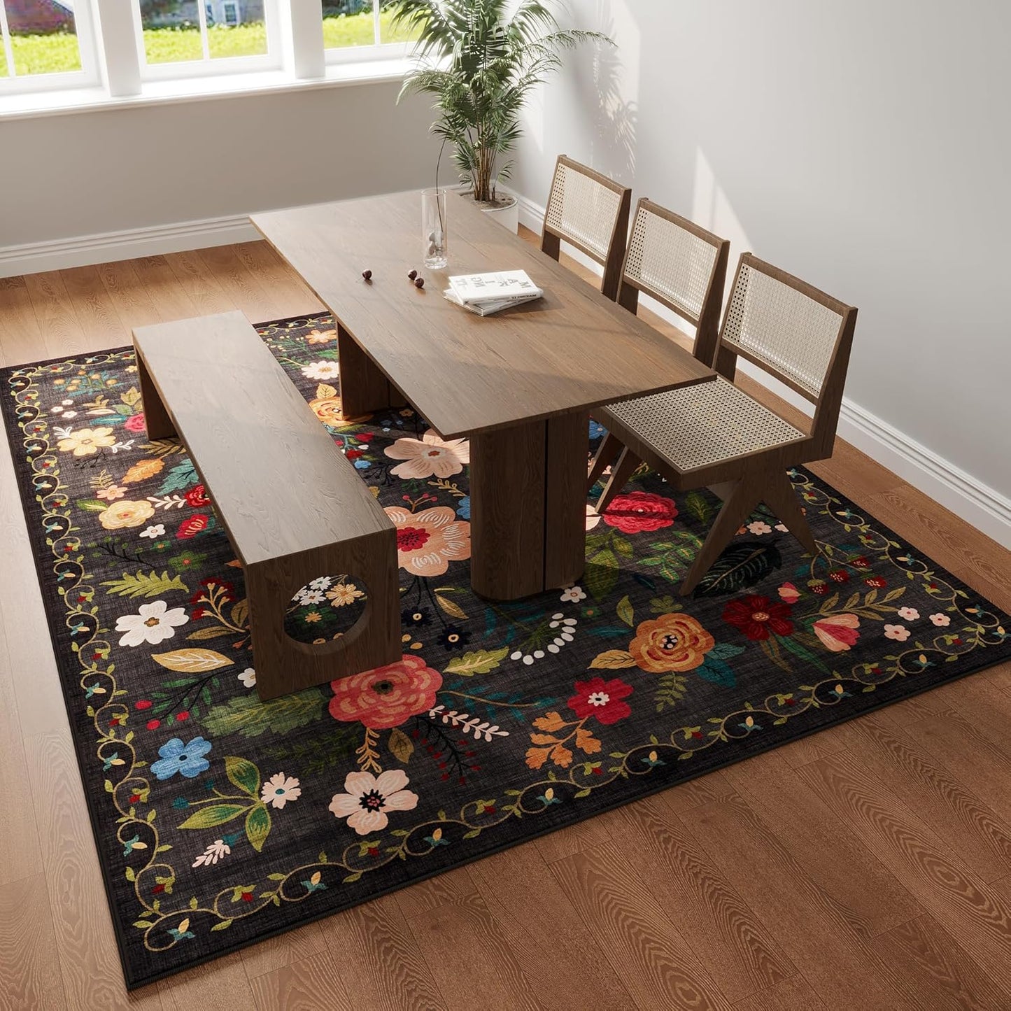 Living Room Rug 5x7 Rug Machine Washable Boho Area Rug Non Slip Floral Vintage Low Pile Large Rugs for Living Room, Bedroom, Farmhouse, Dining Room, Kids Playroom(Black)