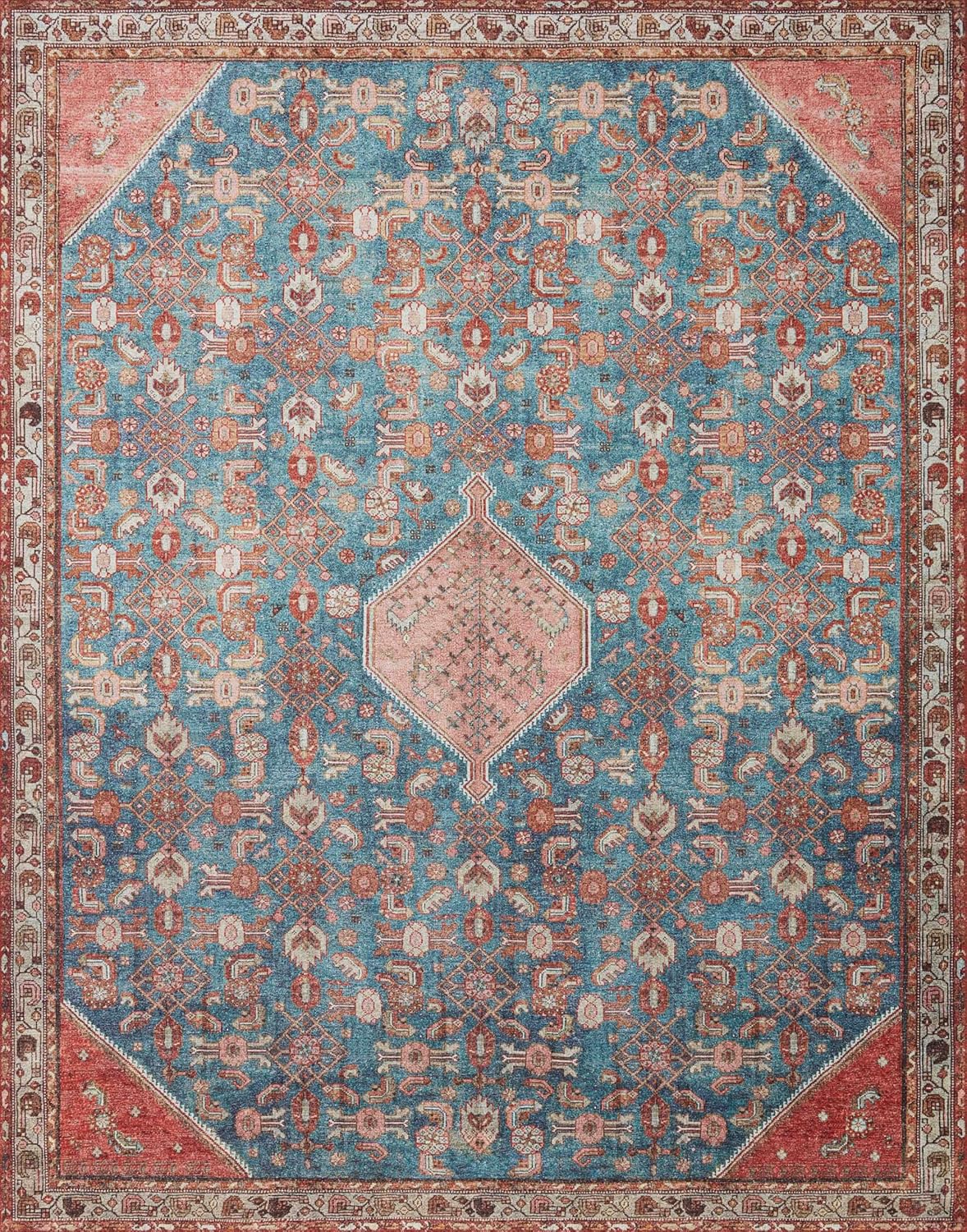 Loloi Layla Collection LAY-10 Marine/Clay 9'-0" x 12'-0" .13" Thick Area Rug, Soft, Durable, Vintage Inspired, Distressed, Low Pile, Non-Shedding, Easy Clean, Printed, Living Room Rug