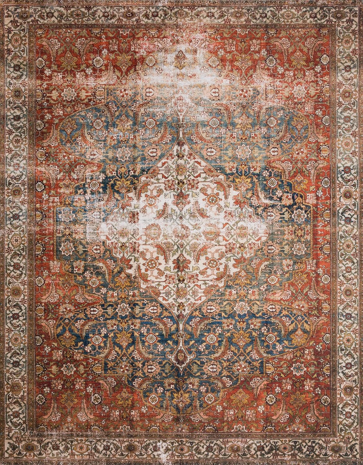 Loloi Layla Collection LAY-05 Ocean/Multi 2'-6" x 7'-6" .13" Thick Runner Rug, Soft, Durable, Vintage Inspired, Distressed, Low Pile, Non-Shedding, Easy Clean, Printed, Living Room Rug