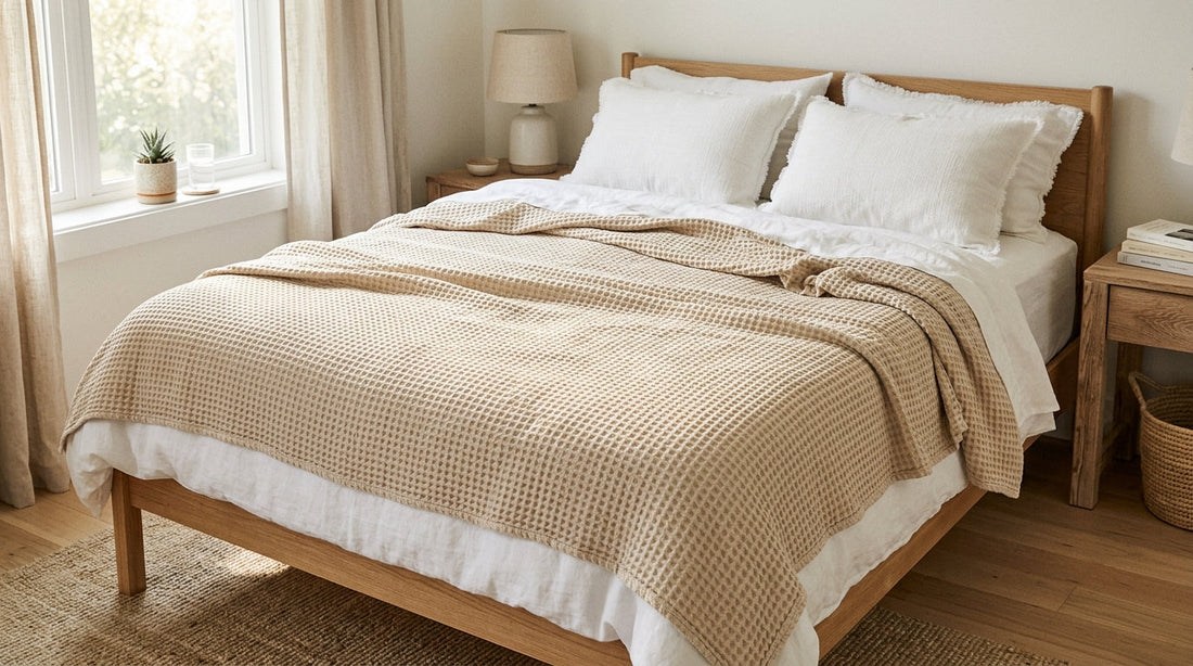Cooling Your Bed with Beige Waffle-Weave Blankets