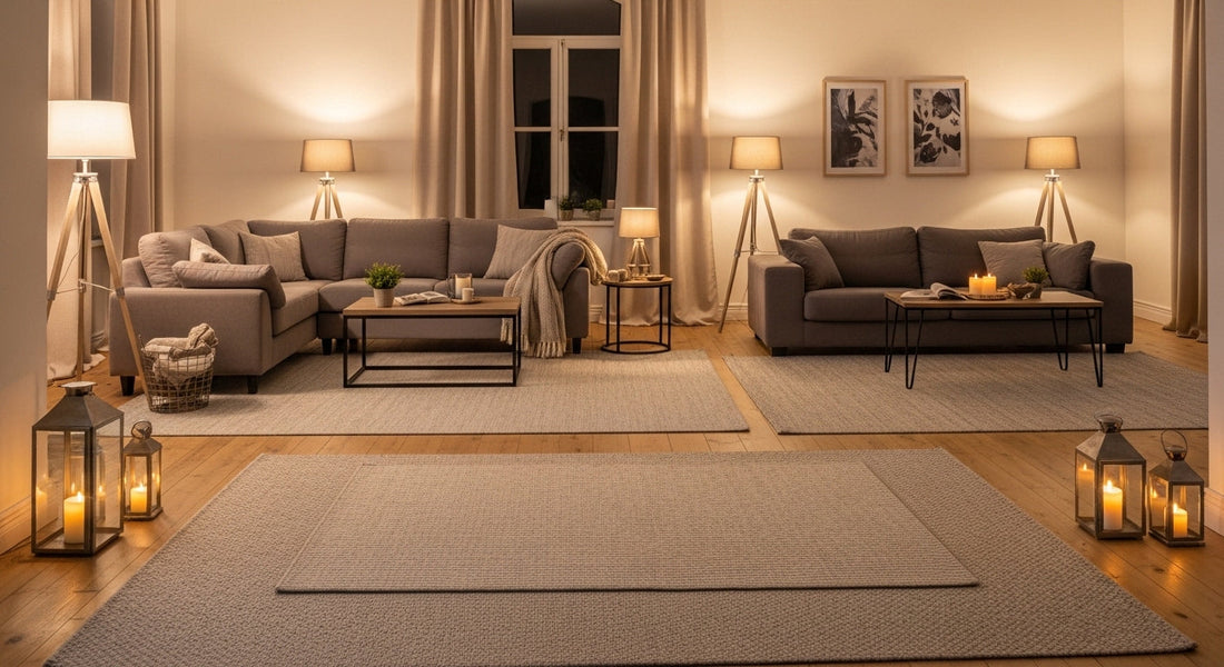 How to Make a Large Room Feel Cozier with Rugs and Lighting