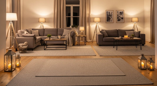 How to Make a Large Room Feel Cozier with Rugs and Lighting