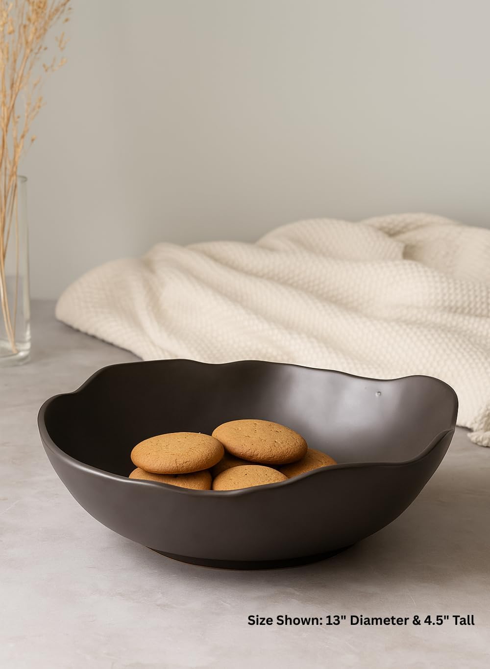 Serene Spaces Living Organic Wavy Rim Ceramic Bowl, Handcrafted Centerpiece for Table, Shelf or Kitchen, Home Décor Bowl, Minimalist Gift for Housewarming or Wedding, 13" Diameter & 4.5" Tall