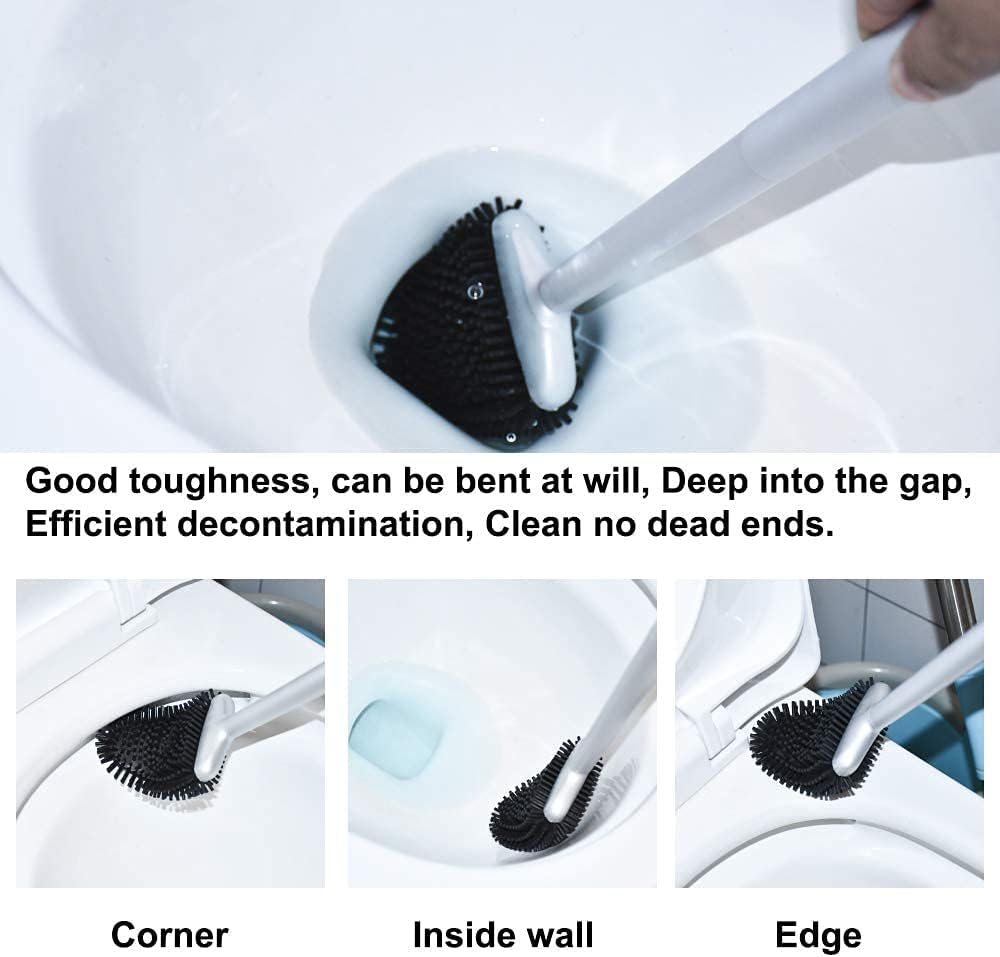 Sellemer Toilet Brush and Holder Set for Bathroom, Flexible Toilet Bowl Brush Head with Silicone Bristles, Compact Size for Storage and Organization, Ventilation Slots Base (2 Pack, Silver)