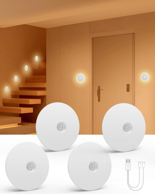 Yiliaw Motion Sensor Night Light, Rechargeable Stair Lights Indoor, Warm White with Wireless Magnetic Mount, Adjustable Brightness & 3 Color Temps for Hallway, Stairway, Bathroom, Closet (4 Pack)