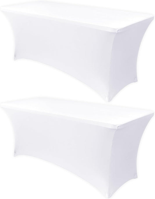 Obstal 4Ft Stretch Spandex Table Cover for Standard Folding Tables - 2 Pack Universal Rectangular Fitted Tablecloth for Party, Banquet, Events, Trade Show (White, 48L x 24W x 30H Inches)