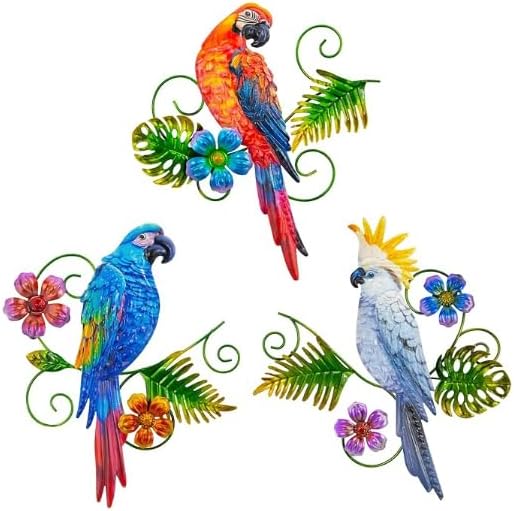 Metal Colorful Parrots Wall Art, 12 Inches Parrot Large Hanging Outside Decoration 3 Pack, Metal Bird Wall Decoration, Decor Outdoor Decorations for Yard, Garden Ornaments Patio Outside Porch Decor