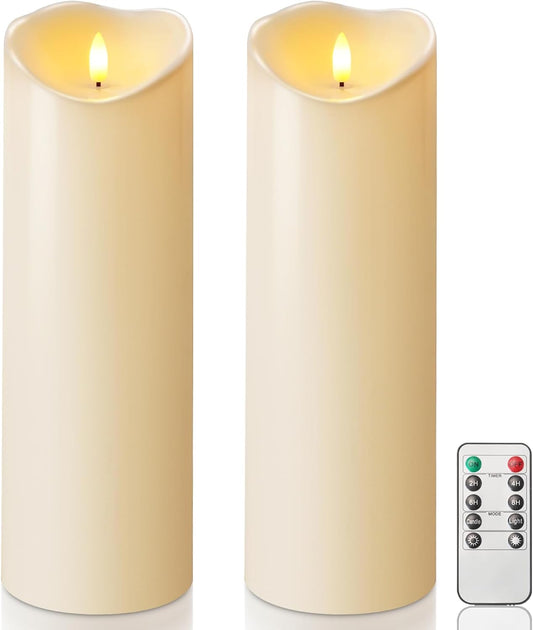 Homemory 4"x12" Outdoor Waterproof Flameless Candles with Timers and Remote Control, Battery Operated Candles, LED Plastic Candles, Dark Ivory, Set of 2
