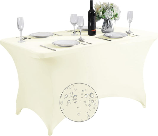 SuperO Waterproof Spandex Table Cover for 4FT Table Universal Fitted Stretch Tablecloth for Party, Banquet, Wedding and Events-Ivory