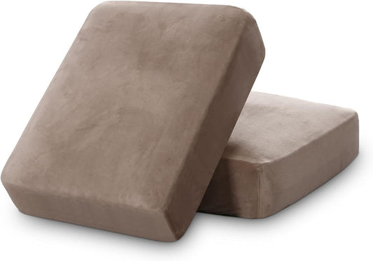 PrinceDeco Velvet Sofa Cushion Covers, Stretch Couch Cushion Covers for Individual Seat Couch Slipcover Sets Furniture Protector for Loveseat Sofa Cushion Width Up to 29.5", Taupe