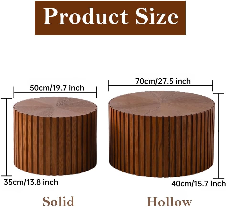 Round Nesting Coffee Table Brown Round Fluted Coffee Table Set of 2 for Living Room Small Circle Drum Nested Coffee Tables (Brown 27in)