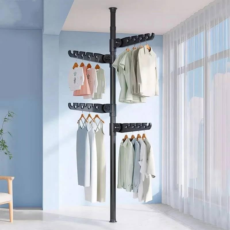 Telescopic Clothes Drying Rack, Floor to Ceiling, 4 Adjustable Arms, 360° Rotating, 43-122 inches, Black