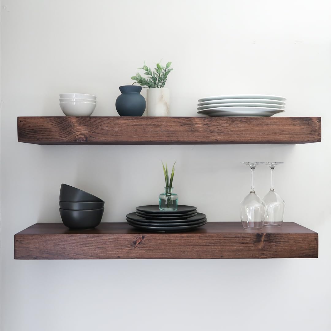 Modern Floating Shelves 3 Inches Thick for Wall, Wide Shelves for Kitchen, Living Room, Bedroom, and Bathroom, Natural Pine Wood, Rustic Wooden Shelf, (Set of 2) (Provincial, 60Lx3Hx6D)