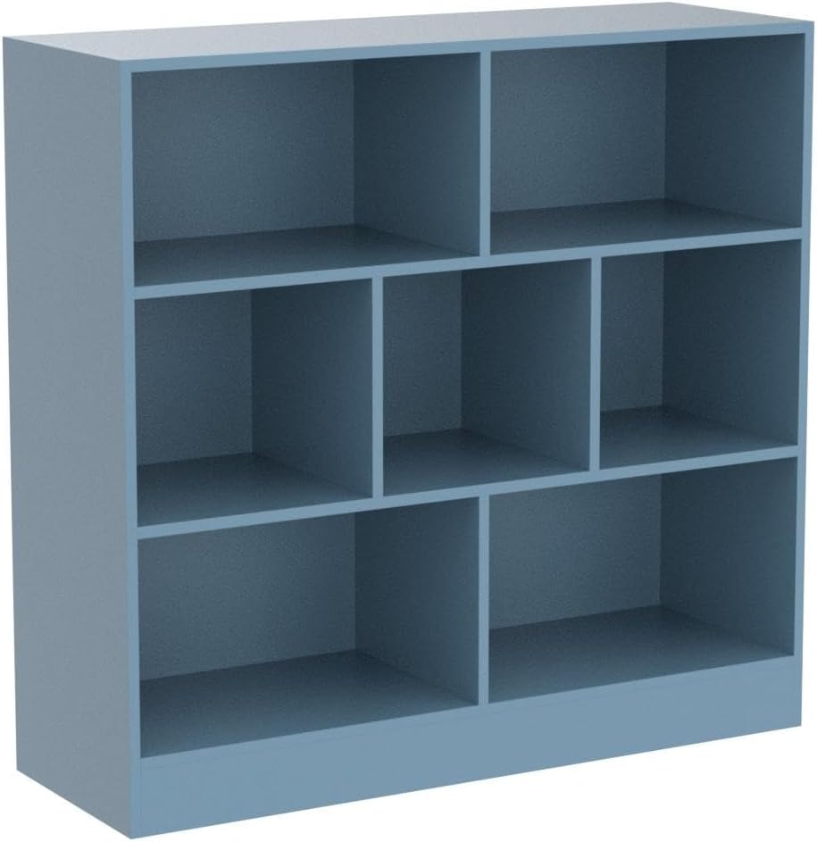 IOTXY Open Shelf Low Bookcase - Wooden 3-Tier Floor Standing Display Cabinet Organizer with Base, 7 Cubes Short Horizontal Bookshelf in Bright Blue