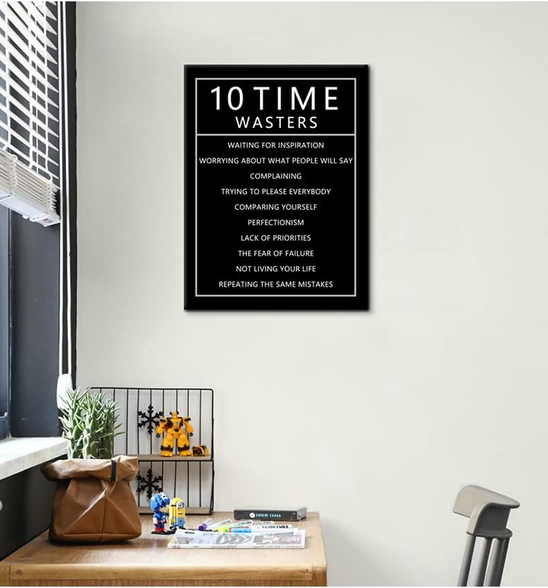 10 Time Wasters Inspirational Canvas Wall Art for Office Motivational Positive Quote Poster Wall Decor Paintings Wooden Framed Artwork Living Room Bedroom Home Decoration Ready to Hang [18''W x 24''H]