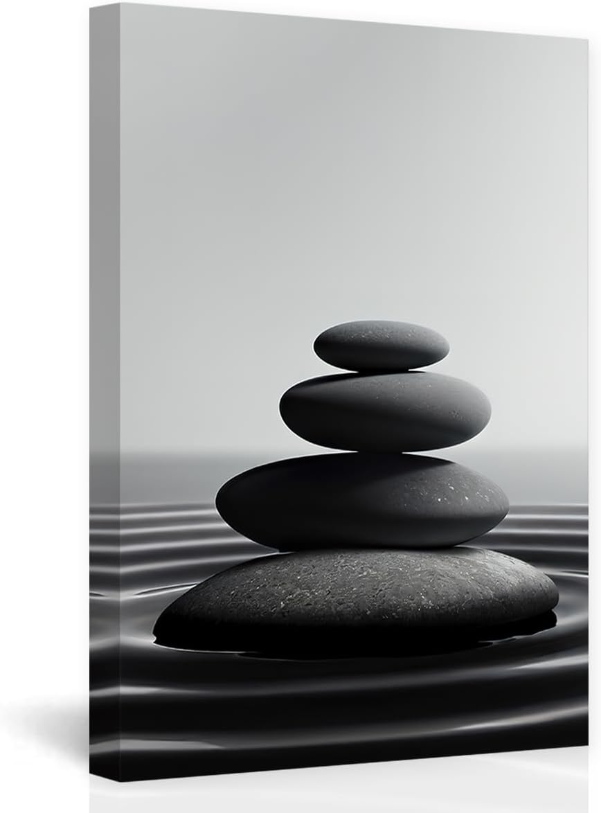 DOARTDO Zen Stone Canvas Wall Art Black and White Spa Stones Picture Print Modern Meditation Spirit Bathroom Decor Frame (20.00" x 30.00", Zen Stone - 1)