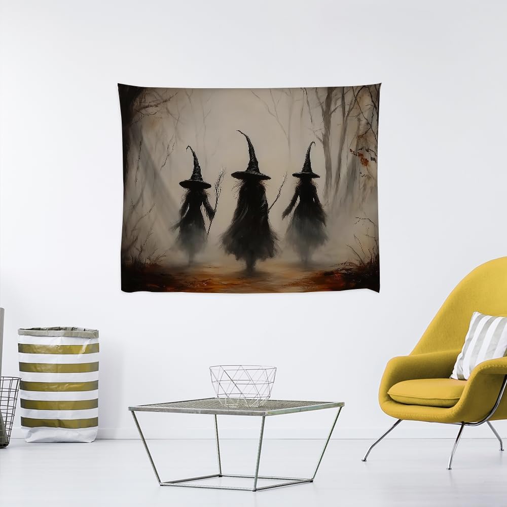 Witchy Halloween Tapestry Wall Hanging Vintage Spooky Witch Room Print Dark Academia Autumn Forest Three Witches Tapestries Decor for Halloween Living Room Bedroom Decoration 30x40inch