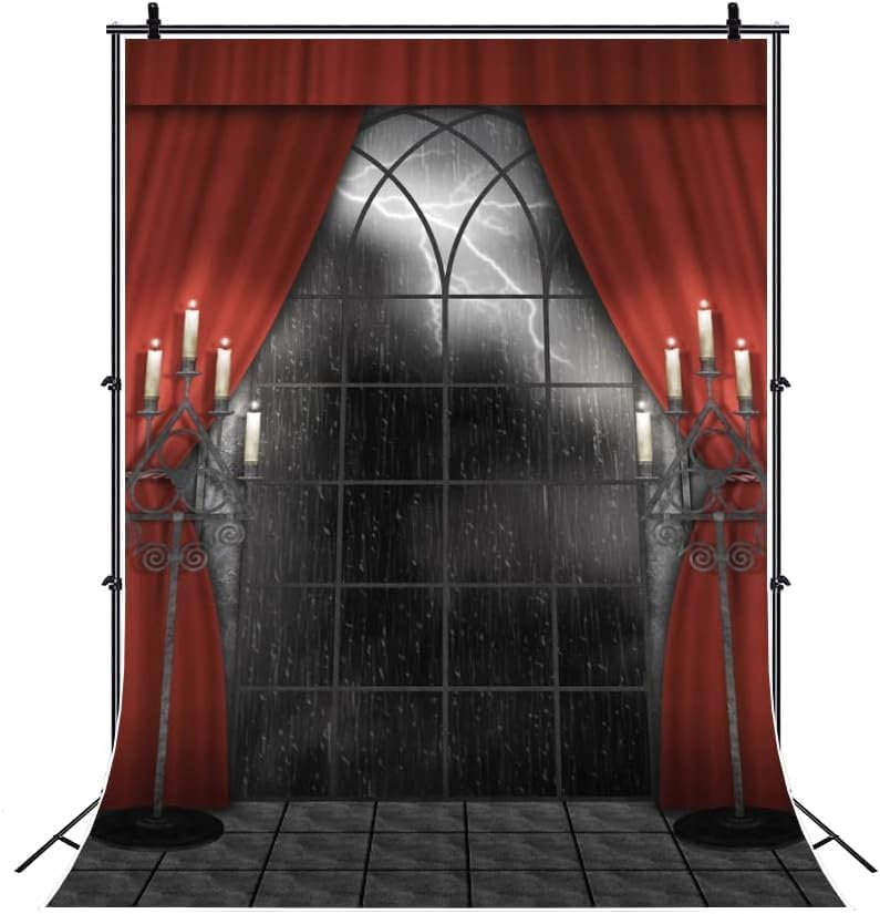 Renaiss 8x10ft Vintage Gothic Window Backdrop Red Curtain Candlestick Black Floor Lightning Stormy Sky Vampire Medieval Castle Photography Background Halloween Dress Up Party Decors Photo Booth Props