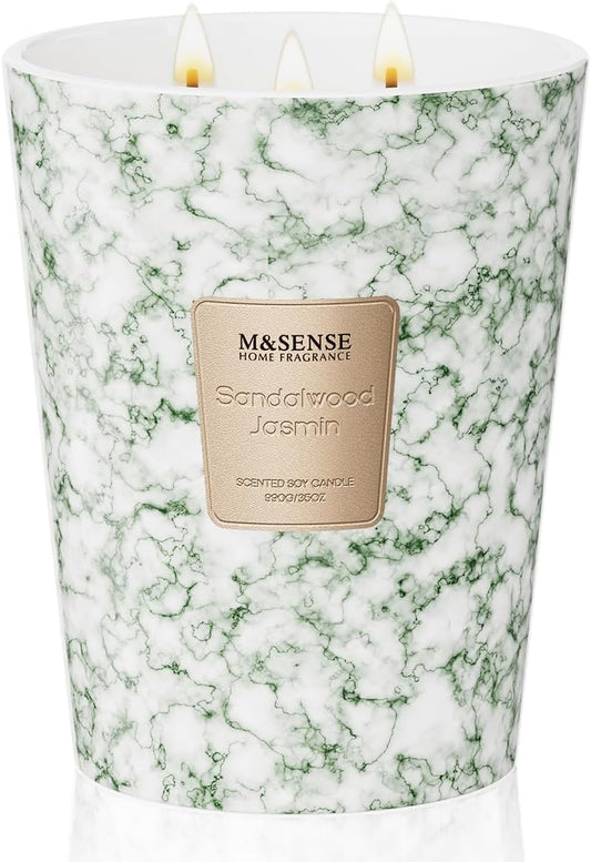 M&SENSE Sandalwood Jasmine Scented Candles for Home, 3-Wick Highly Scented Jar Candles, Extra Large Candle 35 Oz 150 Hours Long Lasting Burning, Relaxing Aromatherapy Candle for Stress Relief